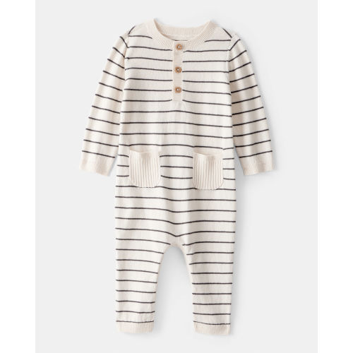 Baby Boy Striped Cotton Long-Sleeve Jumpsuit - White