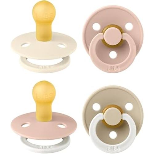 BIBS Colour Soother 4-Pack | BPA Free Dummy Pacifier | Round Nipple | Natural Rubber Latex | Made in Denmark | Size 0-6 Months | Blush Glow Mix