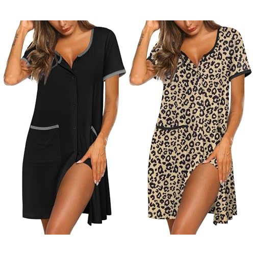 Ekouaer Nightgowns for Women 2 Pack Button Down Sleep Shirts Short Sleeve Nightshirt Sleepwear House Dress with Pockets