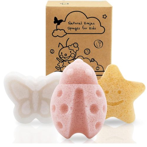 myHomeBody Konjac Baby Sponge for Bathing, Cute Shapes Natural Kids Bath loofah for Infants, Toddler, Newborns, Safe Plant-Based, 3pc. Set: Butterfly, Ladybug, Star