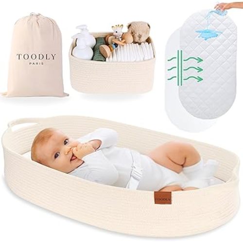Baby Changing Basket with Diaper Caddy - Beige Moses Basket for Babies - Cotton Rope Diaper Changing Basket - Baby Diaper Changing Pad for Dresser - Changing Table Topper for Dresser - Toodly