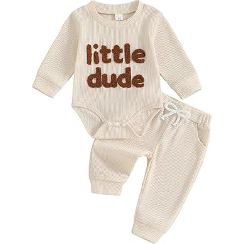 MERSARIPHY Newborn Baby Boy Fall Winter Clothes Mama's Boy Little Dude Outfit Embroidery Waffle Knit Romper Pants Sets