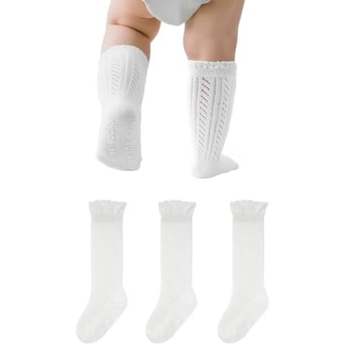 American Trends Baby Knee High Socks Girl Non Slip Grip Ruffle Long Sock Breathable Stockings 3 Pack 6-12M/12-18M