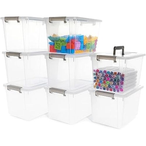 Citylife 8 Packs 6 QT Plastic Storage Bins with Latching Lids Clear Storage Box with handle Stackable Storage Containers for Organizing Snacks, Crafts, Toys, Tools