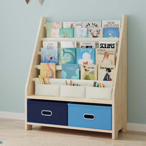 4 Tier Kids Book Shelf, Wooden Kids Book Rack Storage Bookshelf with Toy Storage Organizer, Toddler Sling Bookshelf for Boys, Girls, Kids Room, Blue