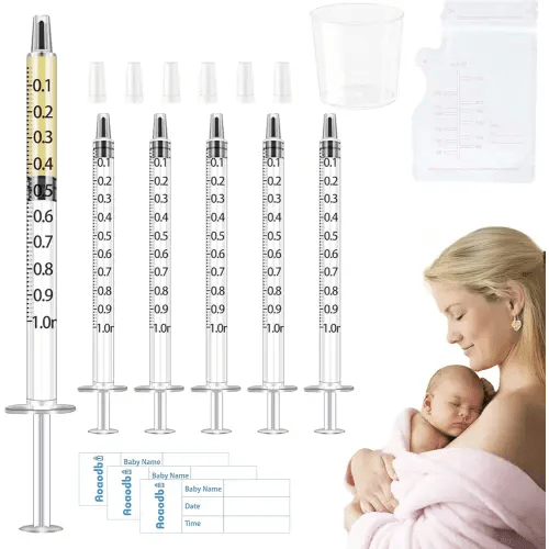 Colostrum Collector Kit Include 100pcs 1ml Sealed Breast Milk Collector No Needle Colostrum Syringes 5 Breastmilk Storage Bags and 1 piece 30 ml measuring cup with 100 Stickers
