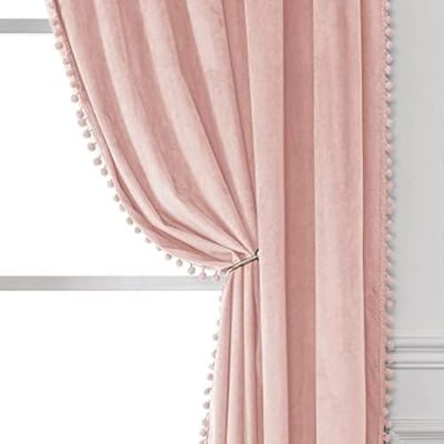 Victree Pom Pom Velvet Curtains for Bedroom, Blackout Curtains 52 x 90 inch Length - Room Darkening Sun Light Blocking Rod Pocket Window Drapes for Living Room, 2 Panels, Pink