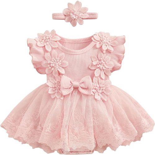Karwuiio Newborn Baby Girl Romper Dress Short Sleeve Mesh Tutu Dress Baby Girls Lace Mesh Dress Jumpsuits with Headband