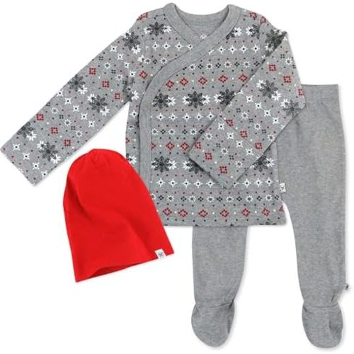 HonestBaby 3-Piece Organic Cotton Kimono Top, Footed Pant & Headband/Beanie Set for Infant Baby Boys, Girls, Unisex