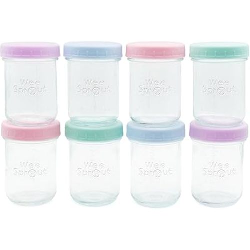 WeeSprout Baby Food Storage Glass Jars w/Lids (8 oz, 8 Pack) Pastel Variety, Snack, Reusable Small Containers, Fridge or Freezer, Microwave & Dishwasher Safe, Essentials for Infants