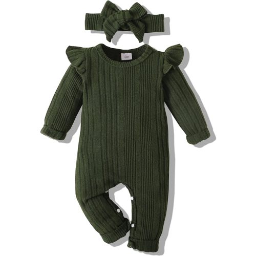 Renotemy Newborn Infant Baby Girl Clothes Cotton Linen Rompers Solid Ruffle Jumpsuits Infant Baby Clothes Girl - Strip Green - 0-3 Months