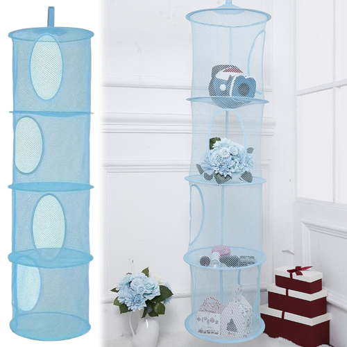Mesh Hanging Storage Space Saver Bags Organizer,Foldable Storage Organizer 4 Compartments Toy Storage Basket for Kids Room Bathroom 1 Sets blue