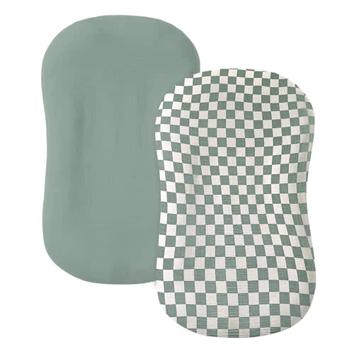 guruixu Muslin Baby Lounger Cover 2 Pack, 100% Cotton Infant Lounger Cover, Soft & Breathable Replacement Slipcover, Compatible with Snuggle Me Newborn Lounger (Roman Green,Green Check)