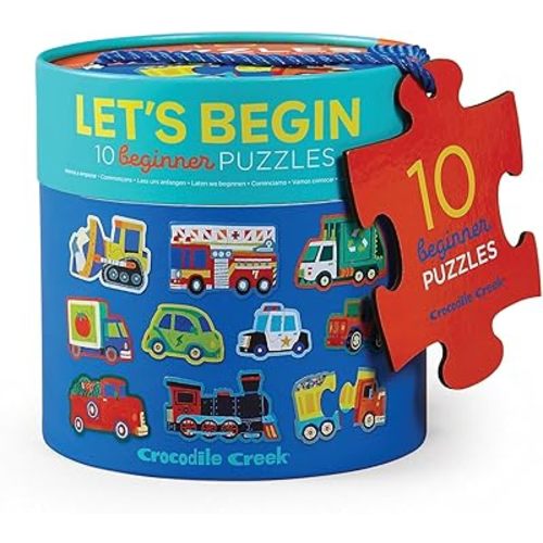 Crocodile Creek Let’s Begin Puzzle - Ten 2-Piece Beginner Puzzles for Ages 2 and Up - Heavy-Duty Storage Canister with Handle - Colorful Vehicles Design - Each Puzzle is 6" L x 4" H Finished