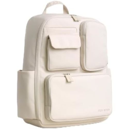 Itzy Ritzy Utility Diaper Bag Backpack – Features 17 Pockets (Including 2 Insulated Bottle Holders) & Trolley Sleeve and Includes Stroller Straps & Changing Pad – Part of the Belong Collection (Cream)