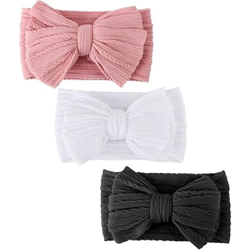 DRESHOW BQUBO Handmade Baby Headbands Soft & Stretchy Hair Bands with Bows Nylon Bows Hairbands for Girls Newborn Infant Toddlers Hair Accessories 3 pack