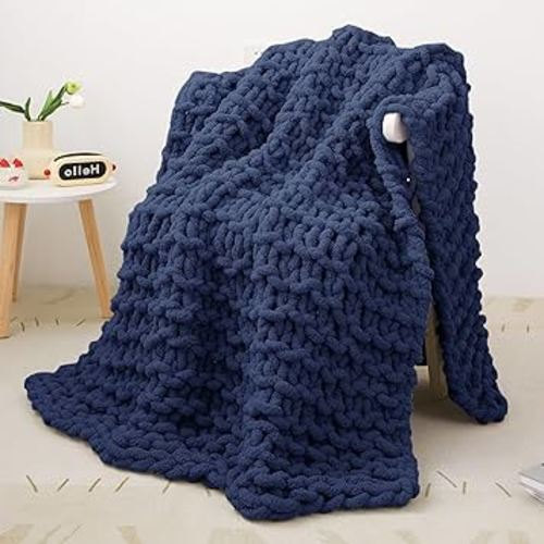 Mooreeke Chunky Knit Blanket 40"x50" Navy Blue Soft Washable Chenille Throw Blanket Cozy 100% Handmade Crochet Blankets with Jumbo Chenille Yarn for Couch Bed Sofa Room Decor