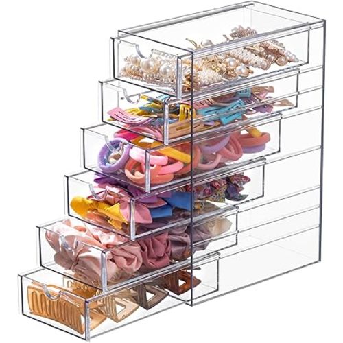 HBlife Clear Acrylic Hair Accessories Organizer, Hair Storage Box with 6 Drawers, Hair Tie Holder Organizer for Bathroom