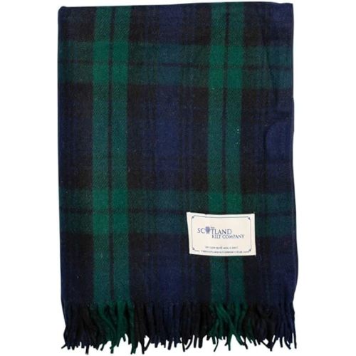 Picnic Rug Scottish Tartan Throw in Black Watch - Warm 100% Wool Travel Blanket with Fringed Edges - 60 x 70