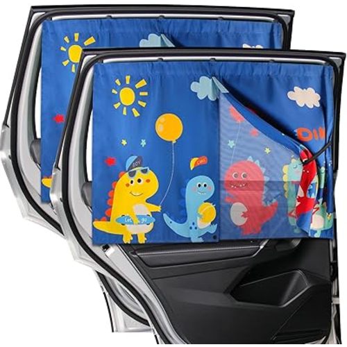 Car Window Shades, 2 PCS Magnetic Double Layer Sun Shade, Side Windows Privacy, Full Covers/Half Shade Options, Cute Dinosaurs, Compatible with Car, SUV, Minivan