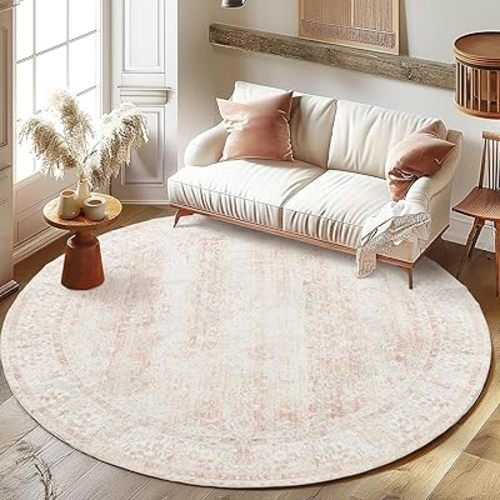 7' Round Kitchen Living Room Bedroom Dining Room Vintage Rug Indoor Floor Cover Floral Print Blush Pink Circle Rug