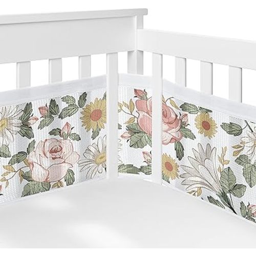 Sweet Jojo Designs + BreathableBaby Blush Pink Yellow Vintage Floral Boho Girl Breathable Mesh Crib Liner Baby Infant Bohemian Shabby Chic Daisy Flower Farmhouse Wildflower Leaf Sage Green
