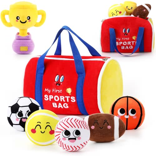 HyDren 7 Pcs My First Sports Bag Stuffed Plush Toys Playset, Bulit-in Bell Baby Sports Balls and Trophy for Toddler 1-3 and Up, Baby Gift Throwing Toys for Boys and Girls Early Education