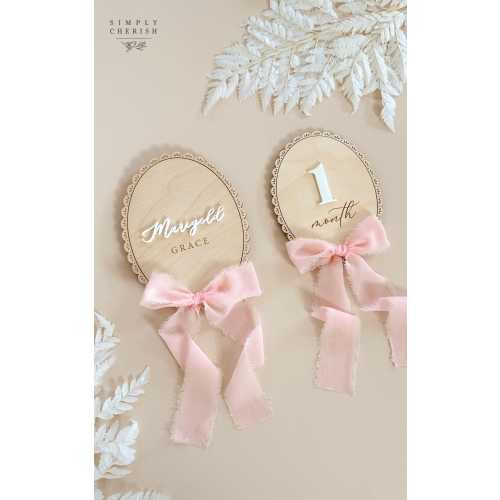 Ribbon Bow Name Sign | Vintage Lace Trim Coquette | Monthly Milestone Photo | Baby Monthly Milestone Signs | Wood Milestone Cards