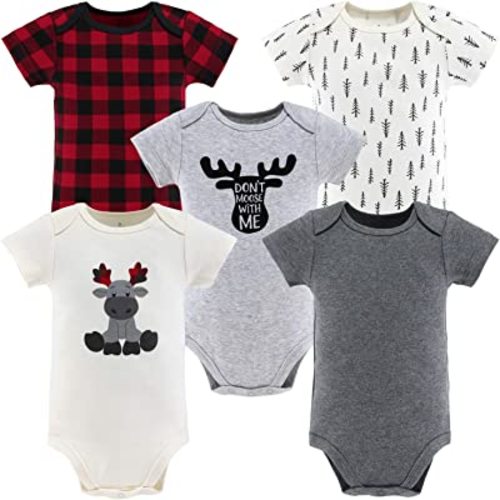 The Peanutshell Short Sleeve Baby Bodysuits Set for Boys or Girls - Woodland Animal & Buffalo Plaid - 5 Pack Set