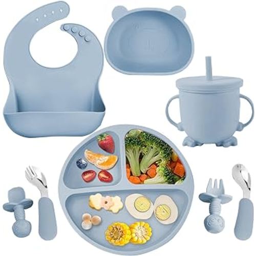 Baby Led Weaning Supplies 8 Pack Silicone Baby Feeding Set, Suction Baby Divided Plate and Bowl Set, Baby Spoon and Fork, Adjustable Bib, Baby Self Feeding Eating Utensils for 6+ Months-GreyBlue