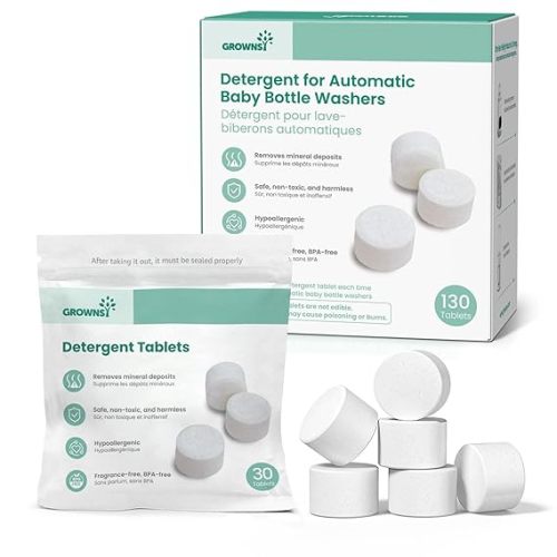 GROWNSY Bottle Washer Detergent Tablets, 130 Count, Deep Cleaning, Compatible with All Brands of Baby Bottle Washers, Removes Milk Residue, Grease & Odor from Bottles and Pump Parts