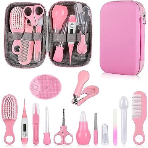 Baby Grooming Kit, Infant Safety Care Set with Hair Brush Comb Nail Clipper Nasal Aspirator,Baby Essentials Kit for Newborn Girls Boys (Pink Baby Grooming kit)