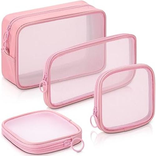 Weewooday 4 Pcs Mesh Makeup Bag Mesh Cosmetic Bag Travel Toiletry Pouch with Zipper Mini Makeup Cosmetic Purse for Daily Accessory(Small, Large, Medium,Pink)