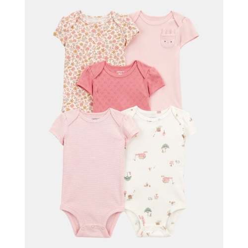 Baby Girl 5-Pack Floral Bunny Short-Sleeve Cotton Bodysuits - Pink | Carter's NB