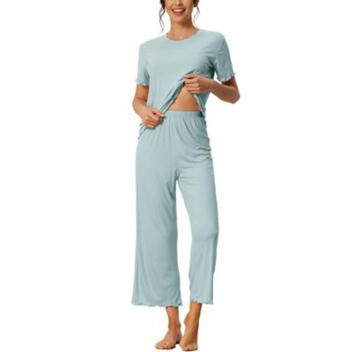 cheibear Women's Sleepwear Round Neck Soft Knit Short Sleeve Shirt with Pants Capri Pajamas Set Light Pink Medium