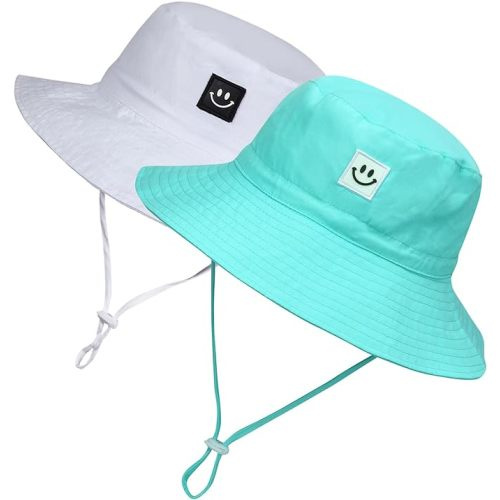 MaxNova Baby Sun Hat Smile Face UPF 50+ Toddler Bucket Hat for Boys Girls 0-7 Years - 6-24 Months - 2pack White /Sky Blue