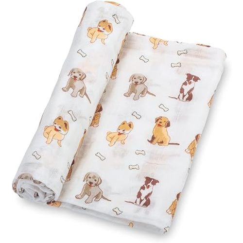 LollyBanks Swaddle Blanket | 100% Muslin Cotton | Gender Neutral Newborn and Baby Nursery Essentials for Girls and Boys, Registry | Puppies Dog Print - Woof Woof
