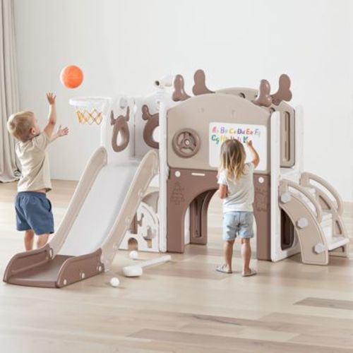 11-in-1 Toddler Slide Playset – Indoor & Outdoor Kids Slide with Basketball Hoop, Golf & Drawing Board (Beige & Rosy Brown, 54×62×39 in)