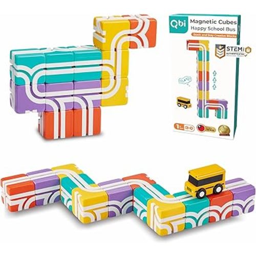 QBI Magnetic Blocks STEM Toys for Toddlers Aged 1+ Year Old Boys & Girls|3D Colorful Magnetic Building Blocks with School Bus|Magnet Block for Kids|Educational & Montessori Preschool Kids Toy (13PCS)