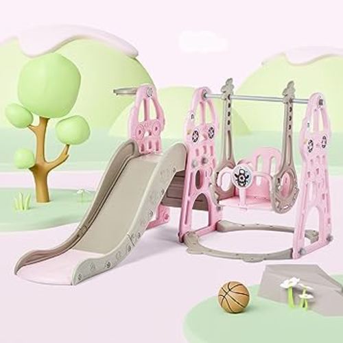 4-in-1 Kids Slide and Swing Set for Toddler Age 1-5, Extra Large Baby Indoor Outdoor Activity Playground with Basketball Hoop and Climber Taxi Collection– Pink