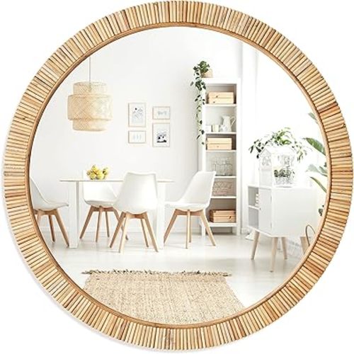 Barnyard Designs Rattan Bathroom Mirror – Rustic Farmhouse Style Handmade Wicker Rattan Frame - Boho Mirror for Nursery Wall Décor (25.5", Round)