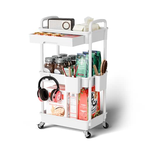 Sorgion 3 Tier Rolling Cart Organizer,Laundry Room Bathroom Organizers and Storage Office Shelves Mobile Shelving Unit Kitchen Trolley Cart with Wheels for Art,Craft,Diaper,Bedside,Snack(White)