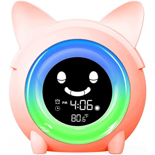 Kids Alarm Clock, Wisoee Toddlers Alarm Clock Children's Sleep Trainier Clock with Night Light, Nap Timer, Temperature Detect, Digital Wake up Light Alarm Clock for Boys Girls Birthday Gifts - Pink Cat