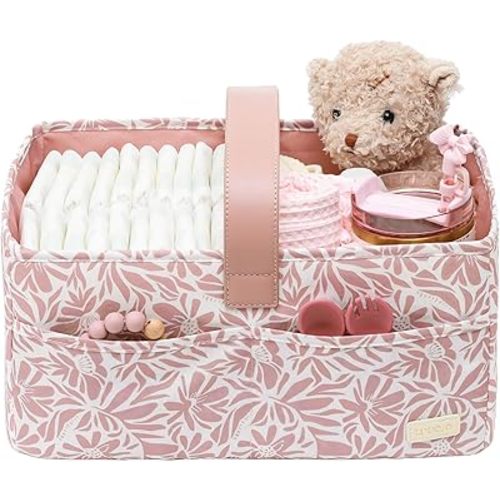 Floral Baby Diaper Caddy Organizer, Nursery Storage Basket For Newborn Essentials and Diaper Changing Station, Baby Shower Gifts(Pink)