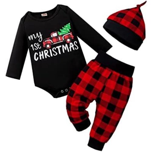 My First Christmas Baby Boy Outfit Newborn Clothes Infant Black Xmas Tree Car Red Plaid Pants Hat 3Pcs 0-18 Months