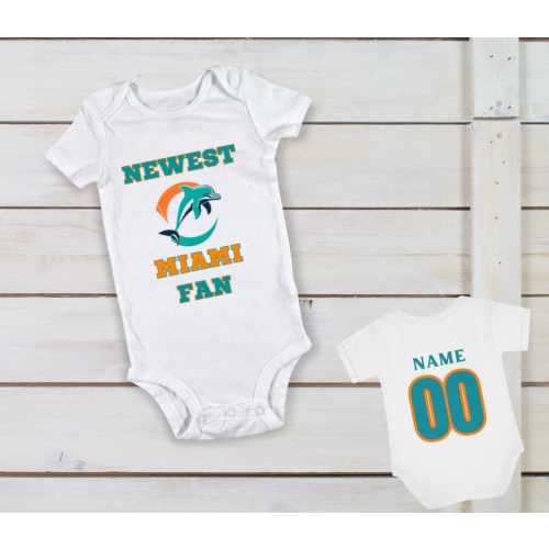 Custom Newest Miami Dolphins Fan Onesie, Custom Baby Miami Dolphins Long Sleeve Onesie, Short Sleeve Tee, Custom Miami name and number