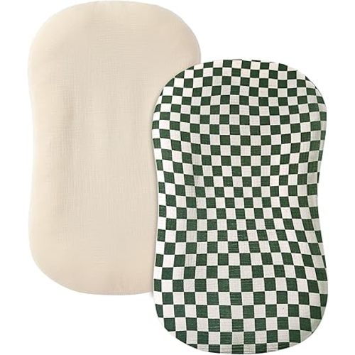 guruixu Muslin Baby Lounger Cover 2 Pack, 100% Cotton Infant Lounger Cover, Soft & Breathable Replacement Slipcover, Compatible with Snuggle Me Newborn Lounger (Olive Check,Cream)