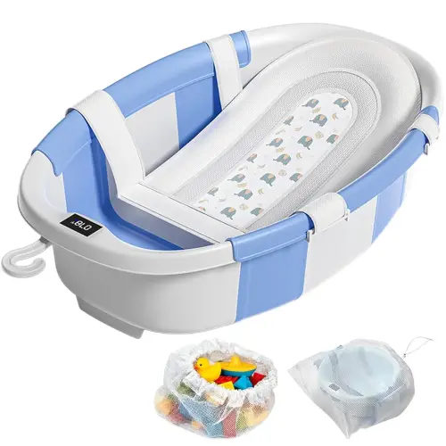 Collapsible Baby Bathtub, Baby Tubs for Newborns with Soft Cushion & Thermometer & Toy Organizer Mesh Bag, Infant Bathtub to Toddler 0-36 Months, Portable Travel Newborn Baby Bathtubs (Blue)