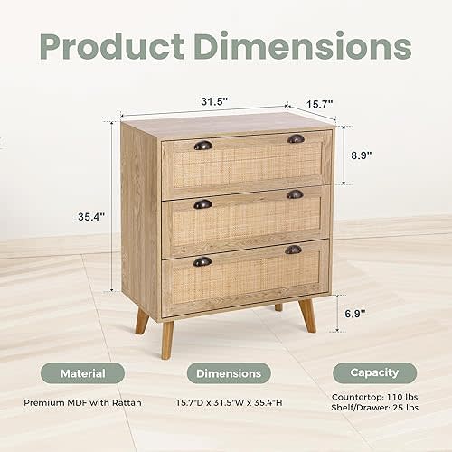 PHI VILLA Rattan Dresser - Nightstand with Drawer Boho Small Cabinet 3 Drawer Dresser, Bedside Table