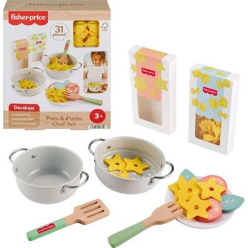 Fisher-Price Pots & Pasta Chef Set Cooking Toy with Wooden Food for Pretend Play 31pc